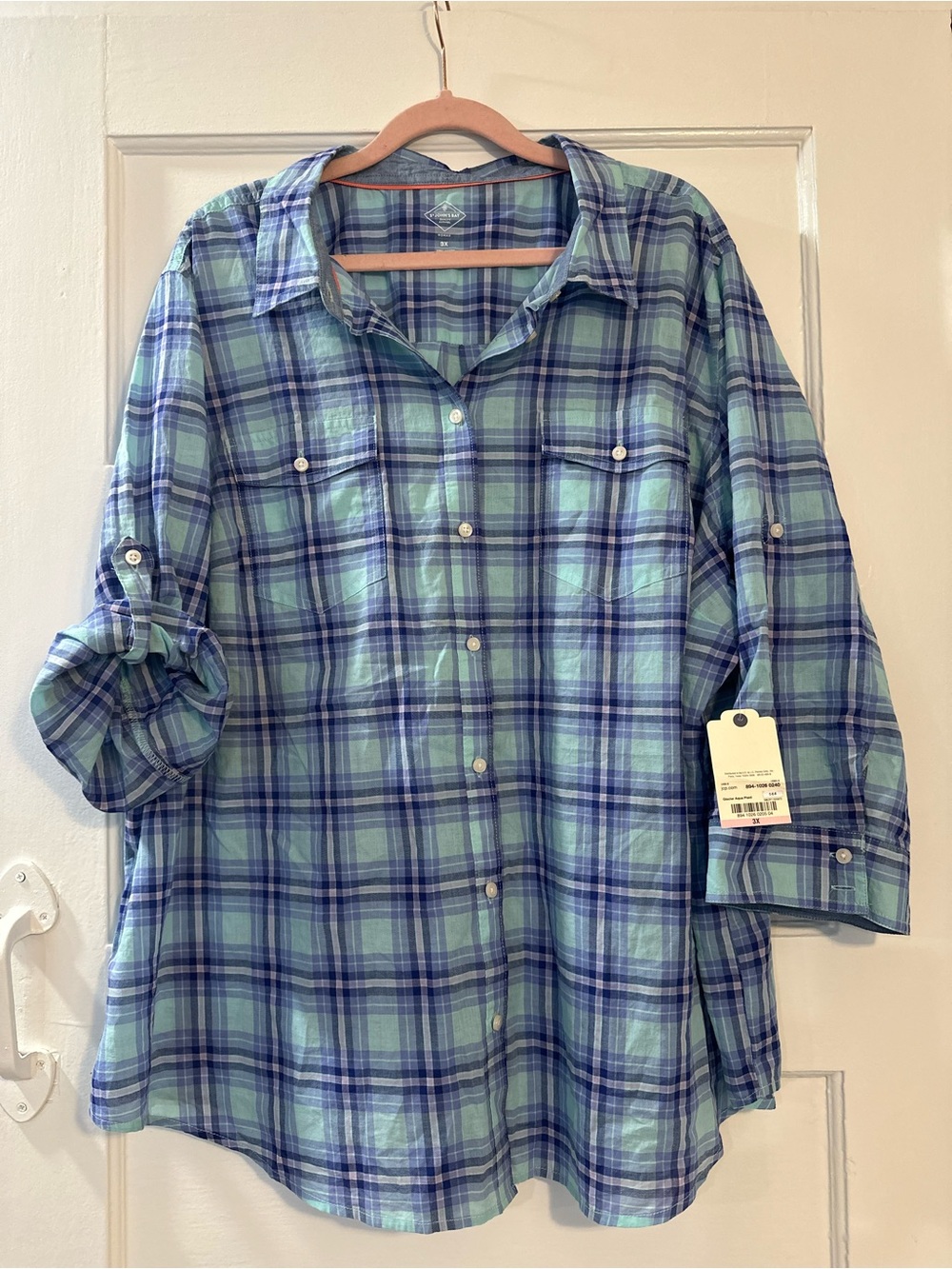 Women’s St. John’s Bay Lightweight Blue Plaid Flannel 3/4 Sleeve NWT